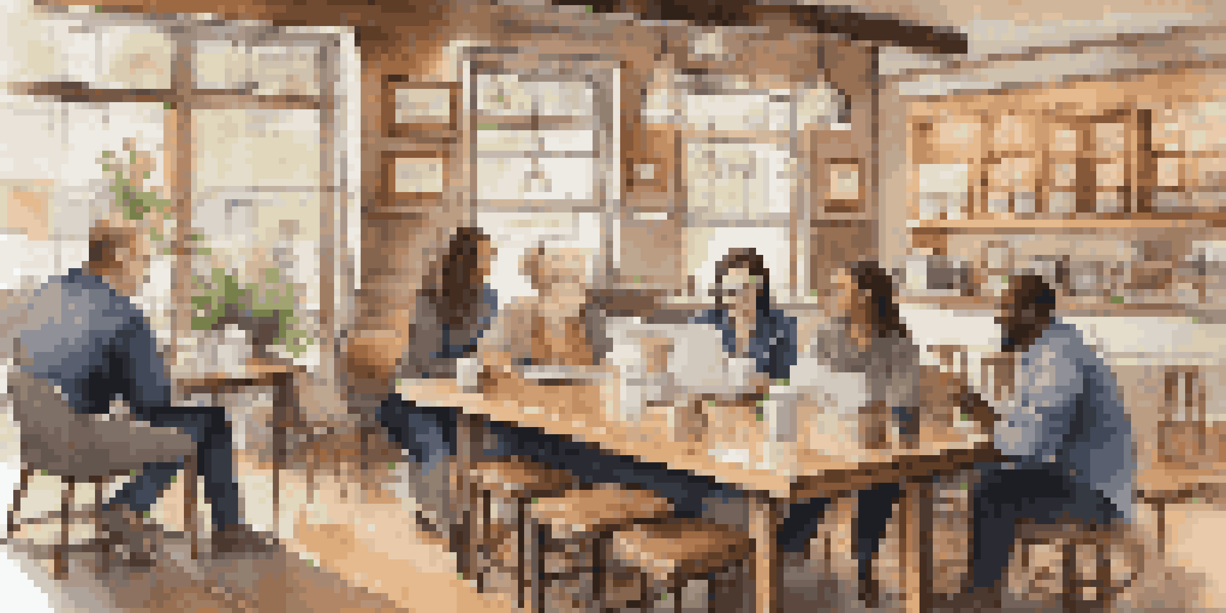 A cozy coffee shop filled with diverse professionals discussing insurance investments, surrounded by warm lighting and wooden furniture.
