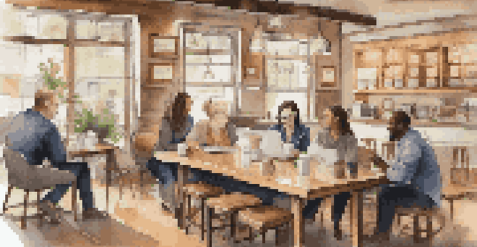 A cozy coffee shop filled with diverse professionals discussing insurance investments, surrounded by warm lighting and wooden furniture.