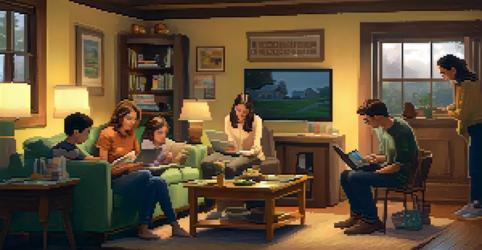 A family of four sitting at a dining table in a cozy living room, working together on a budget with a laptop and notebooks.
