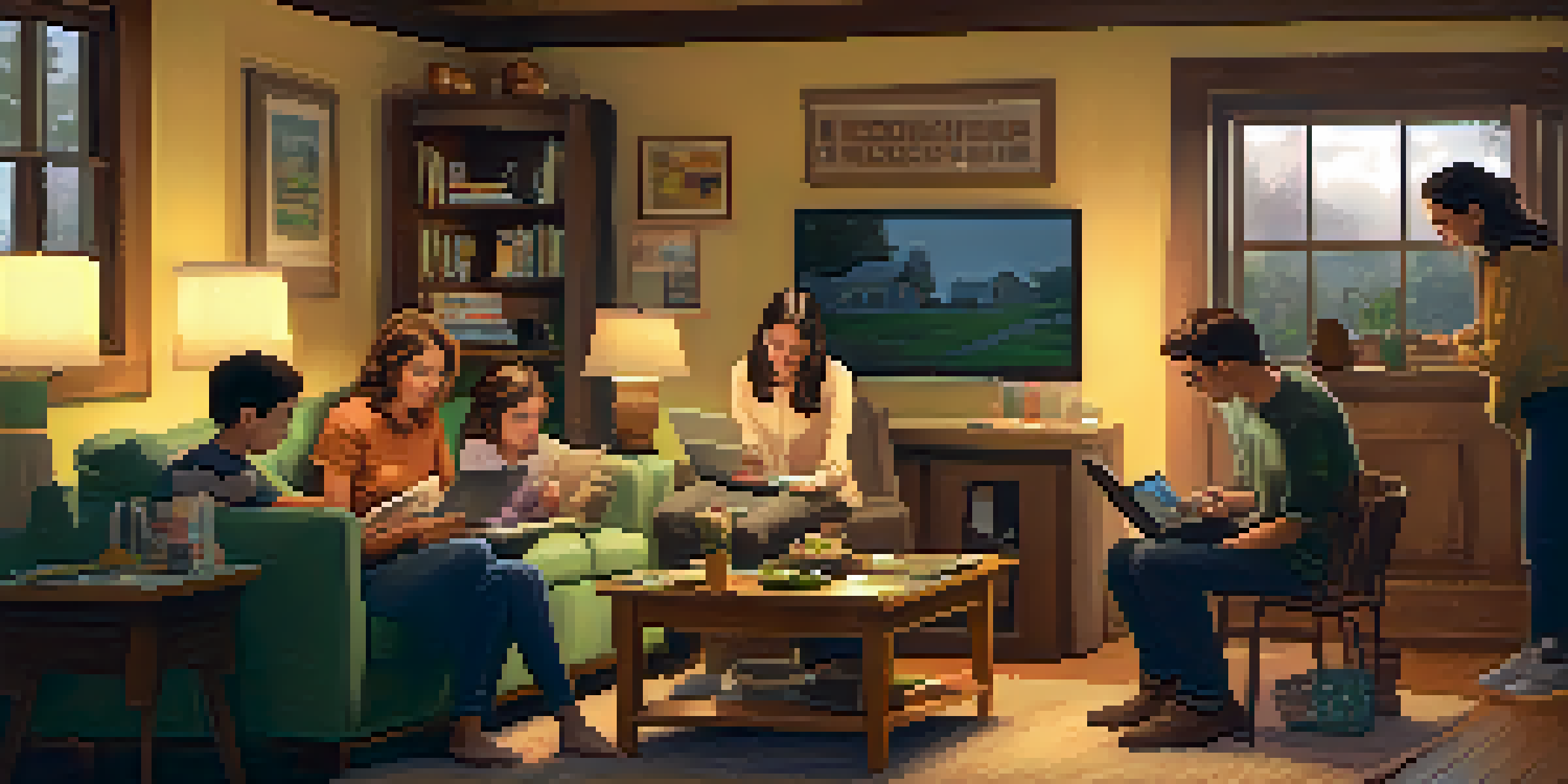 A family of four sitting at a dining table in a cozy living room, working together on a budget with a laptop and notebooks.