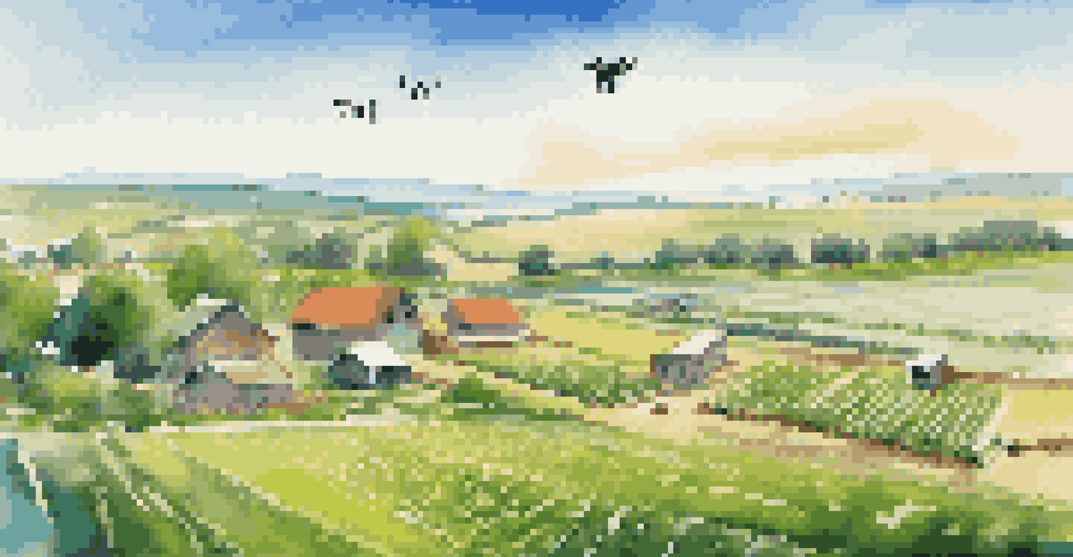 A serene agricultural landscape showing farmers using drones and sensors in lush green fields, blending nature with IoT technology.