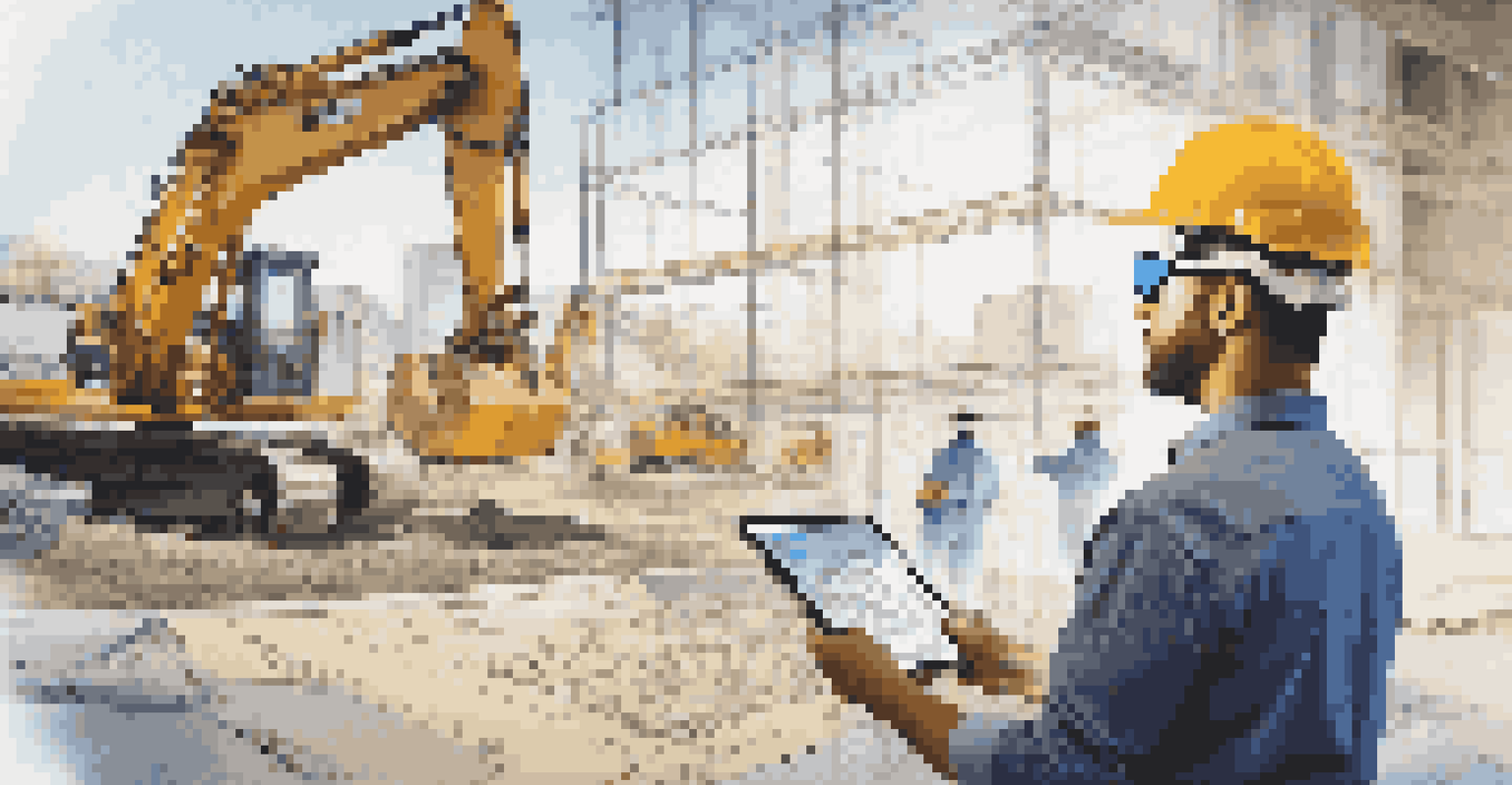An engineer wearing augmented reality glasses, looking at digital blueprints on a tablet at a construction site.
