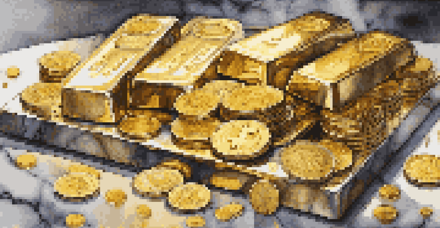 A display of gold bars and cryptocurrency coins on a marble surface, highlighted by soft lighting.