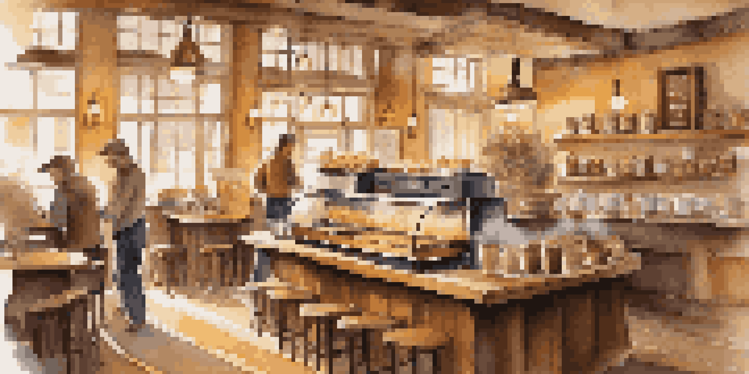 A cozy coffee shop interior with a barista preparing coffee and customers enjoying drinks at wooden tables.