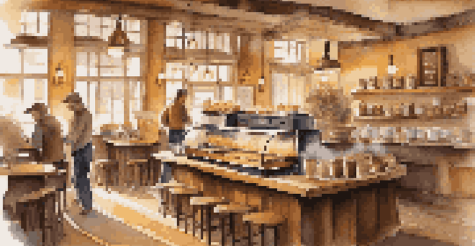 A cozy coffee shop interior with a barista preparing coffee and customers enjoying drinks at wooden tables.