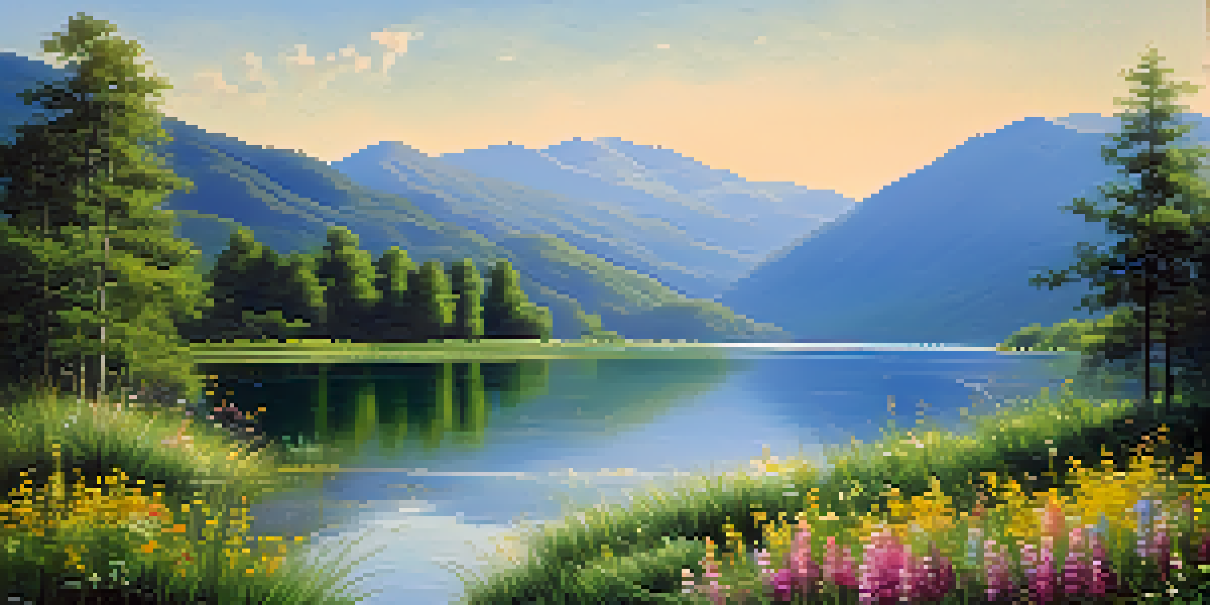 A peaceful lake surrounded by green mountains and colorful wildflowers, with sunlight reflecting on the water.