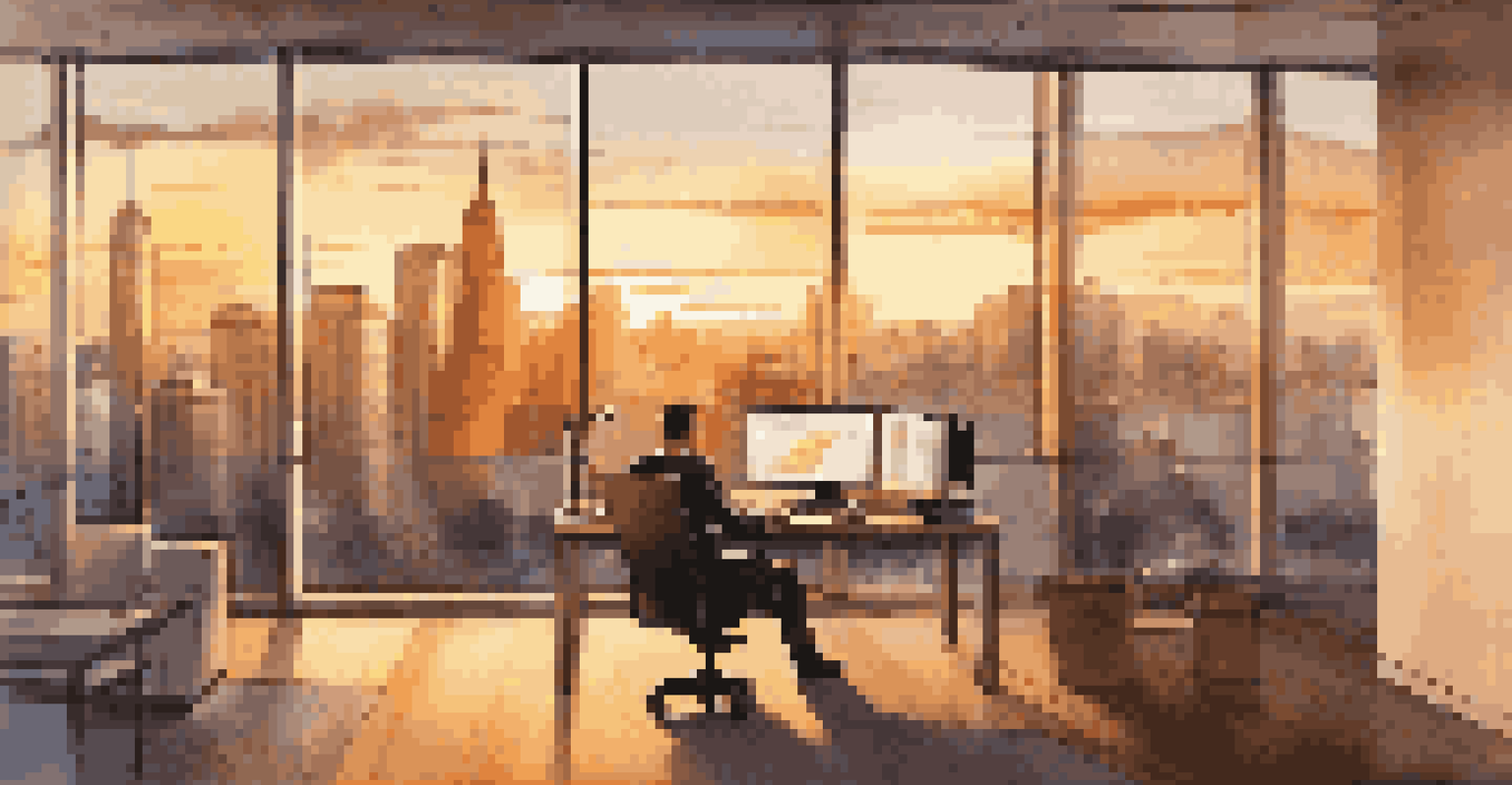 A sophisticated office with a person analyzing bond market data on a laptop, illuminated by the warm light of a sunset.