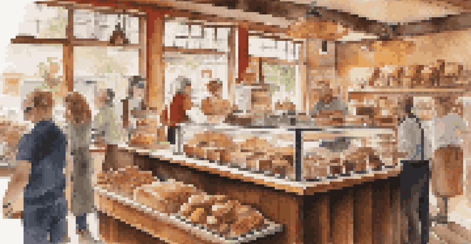 A lively coffee shop with a barista serving customers, showcasing baked goods and merchandise, filled with warm colors and natural light.