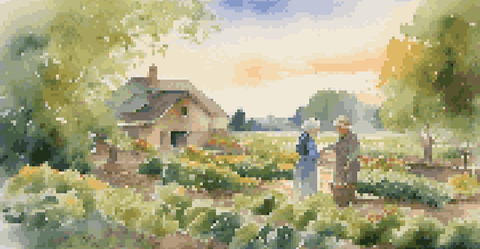An elderly couple tending to a vegetable garden in a rural landscape during golden hour.