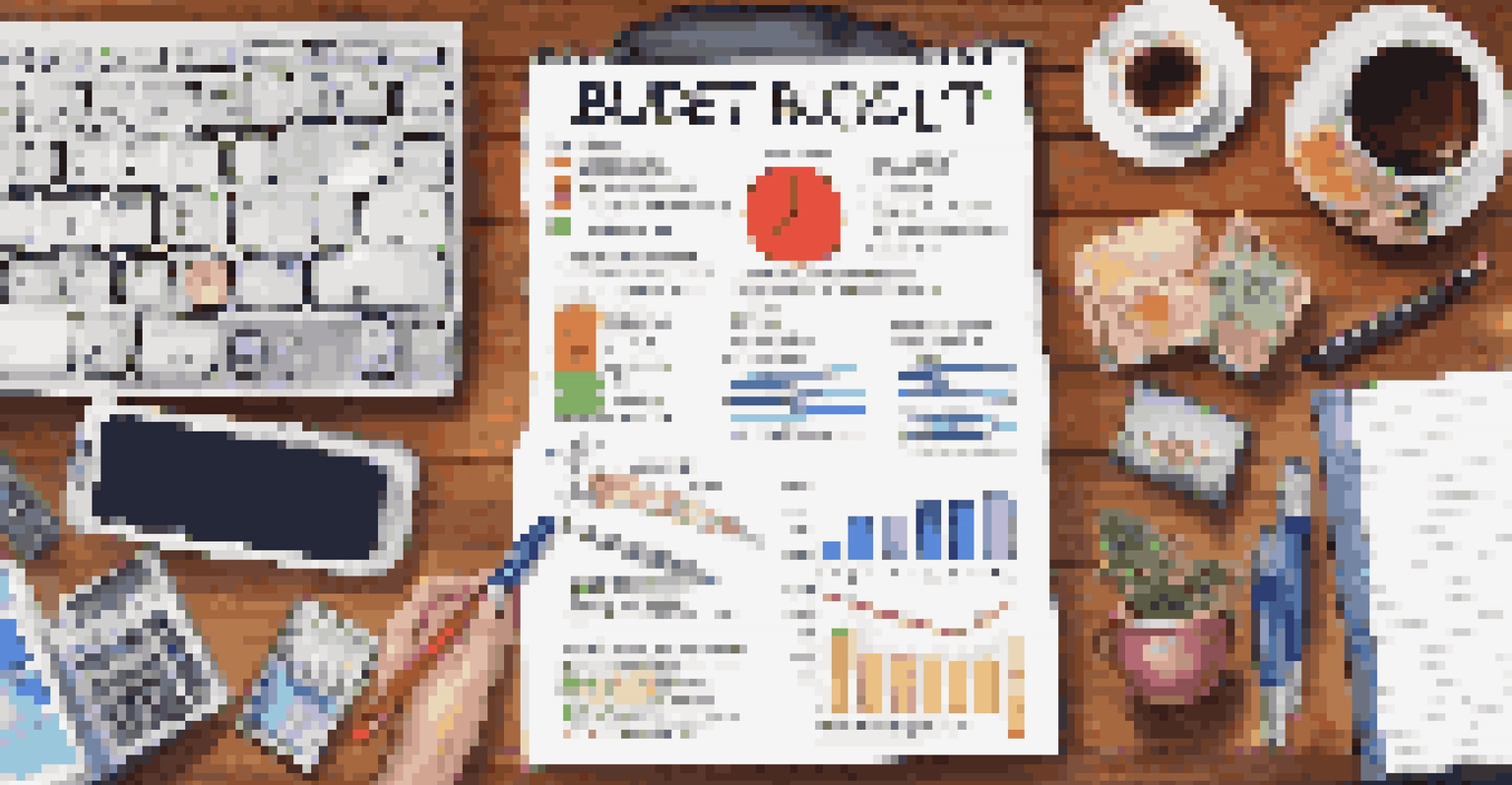 An overhead view of a detailed budget plan on a desk with a calculator and financial books.