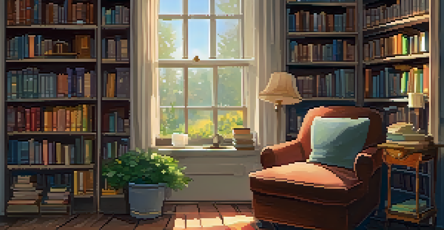 A cozy reading nook with an armchair, books, and a cup of tea, illuminated by warm light.