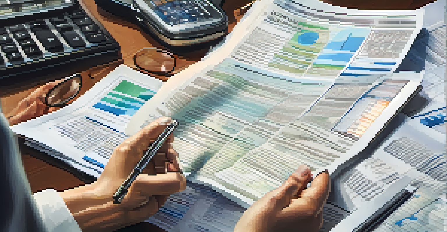 A close-up of a person examining mutual fund documents with a magnifying glass, surrounded by financial reports and a smartphone, in bright light.