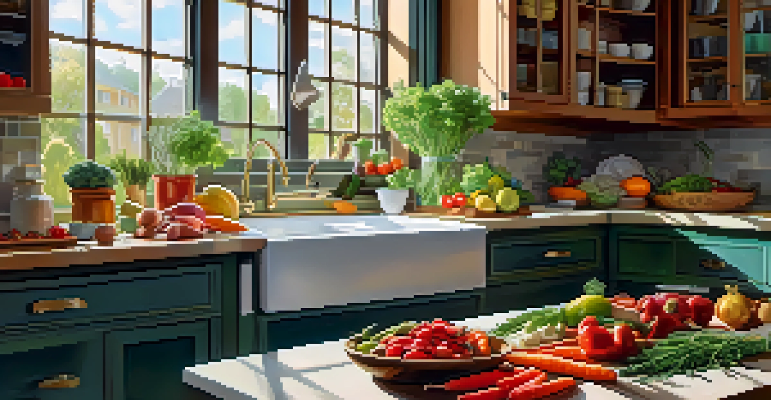 A kitchen countertop with fresh vegetables and herbs for meal prep, illuminated by natural sunlight.