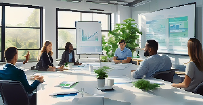 A diverse group of people in a bright office space having a collaborative meeting with financial graphs on a whiteboard.
