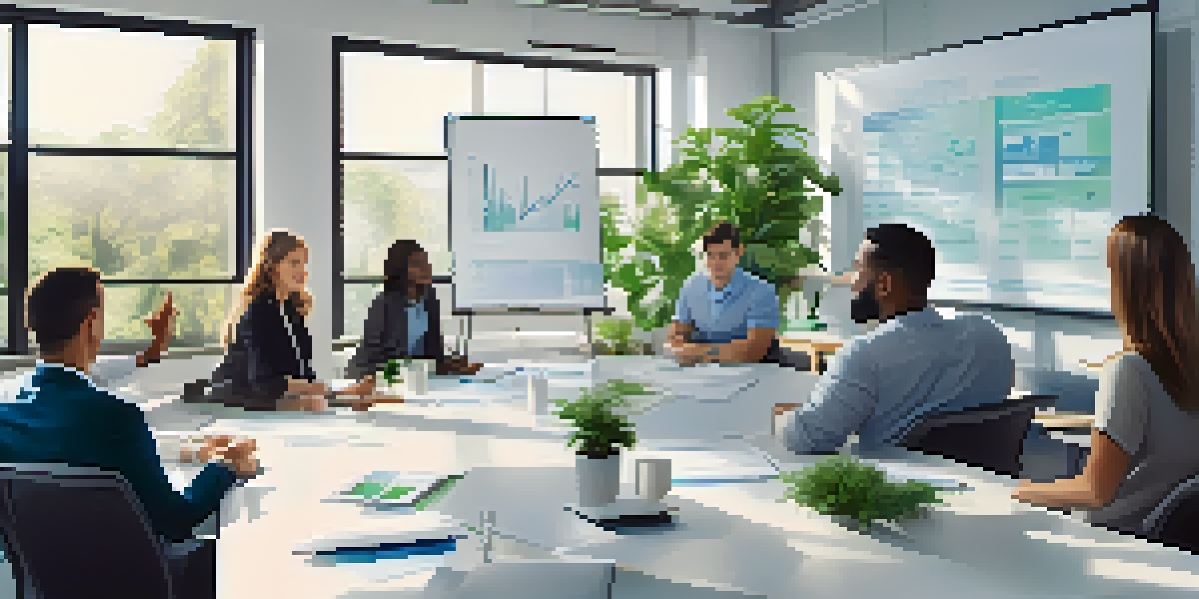 A diverse group of people in a bright office space having a collaborative meeting with financial graphs on a whiteboard.