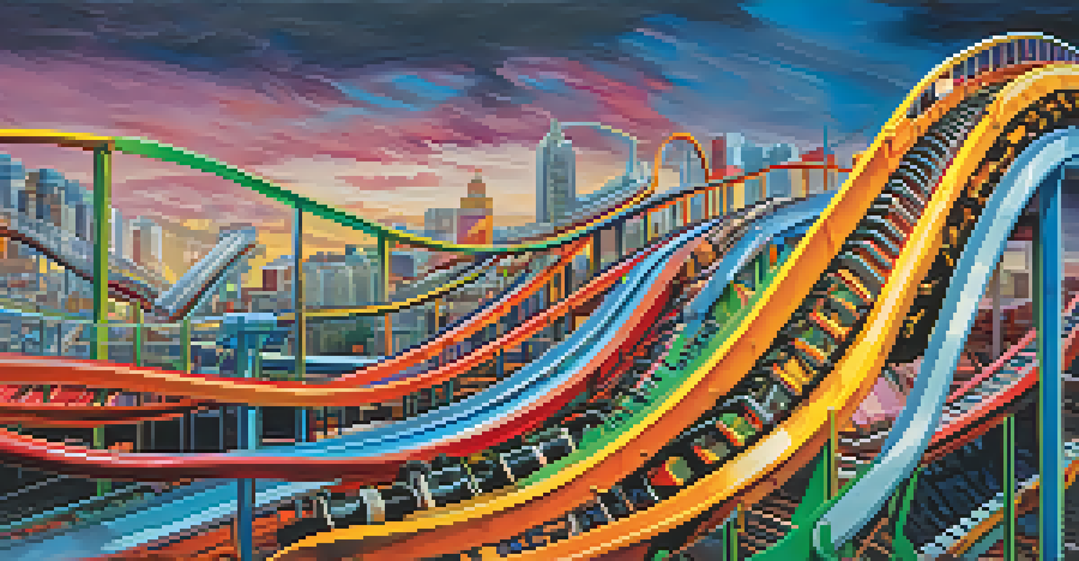 An abstract roller coaster design with stock market graphs, depicting market volatility.