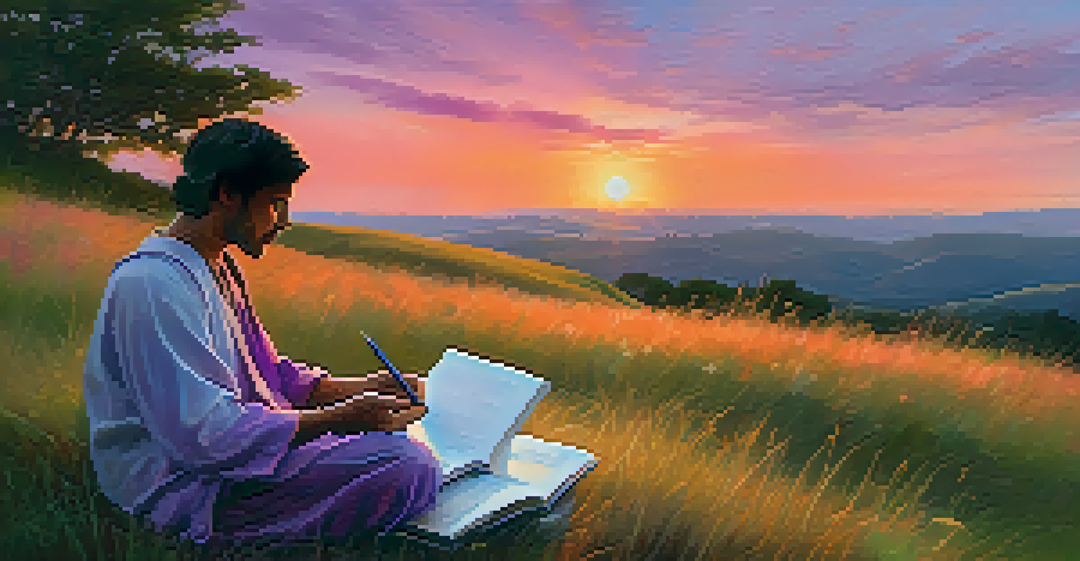 A person meditating on a hilltop at sunset, with a journal and pen nearby, surrounded by vibrant colors in the sky, representing tranquility and clarity.
