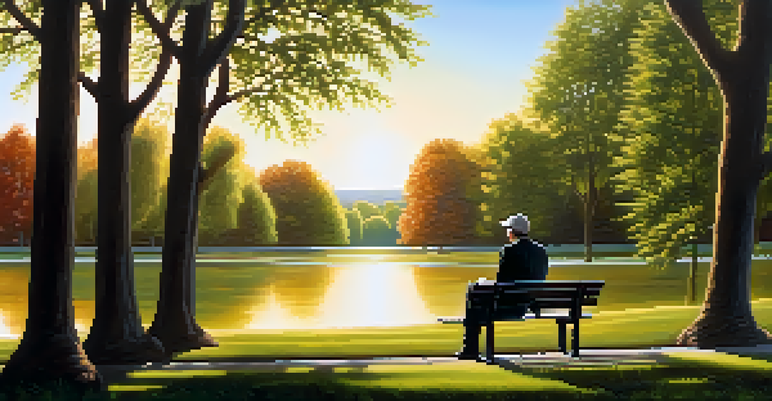 An investor sitting on a park bench in nature, using a laptop to analyze market trends, creating a calm and serene atmosphere.