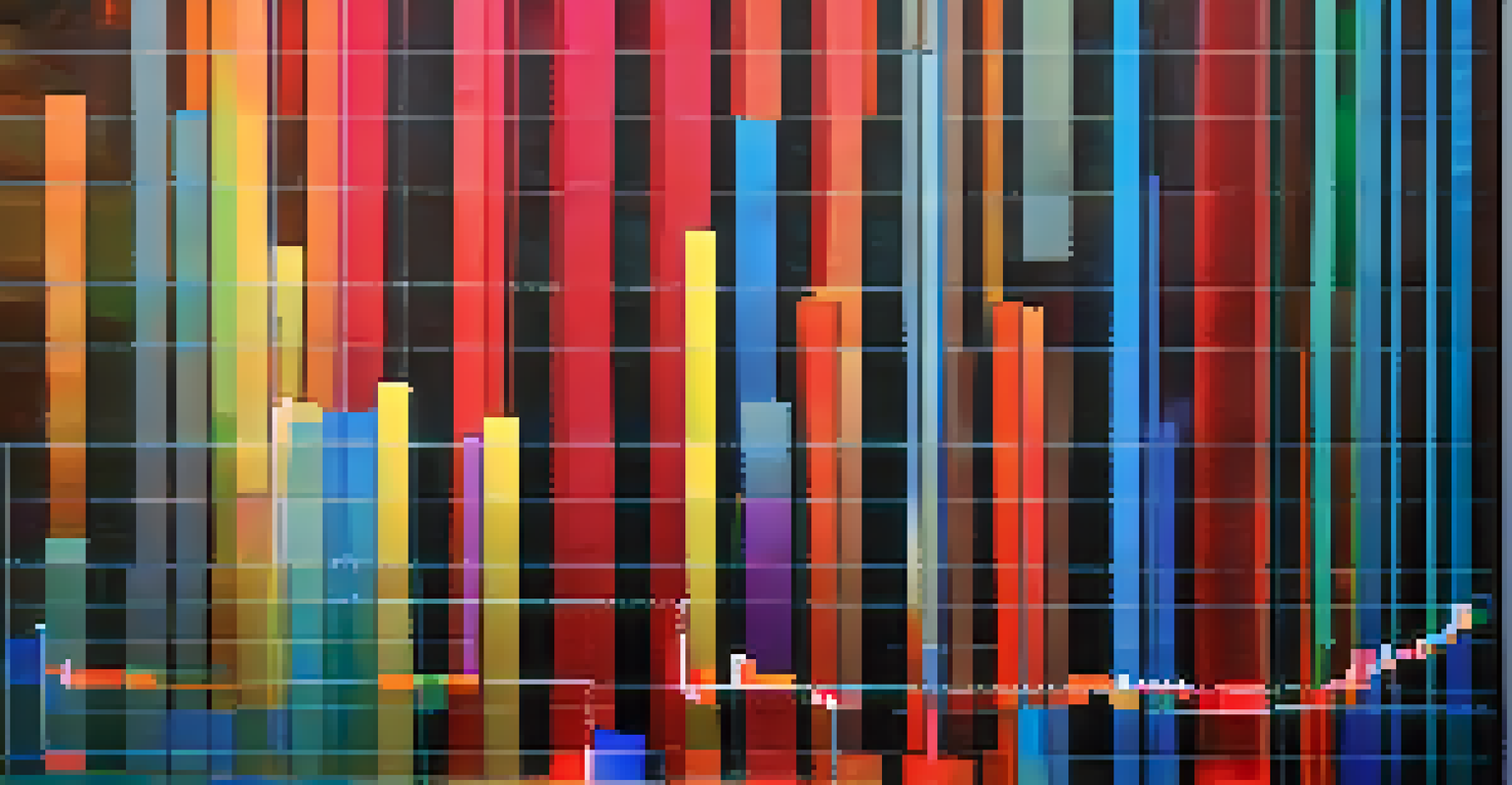 A close-up view of a colorful candlestick chart on a digital screen in an office.