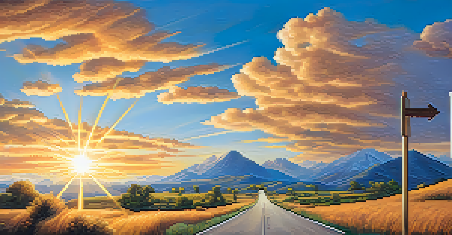 A winding road leading to a mountain with a signpost showing destinations like 'Home' and 'Retirement', under a vibrant sky at sunset.