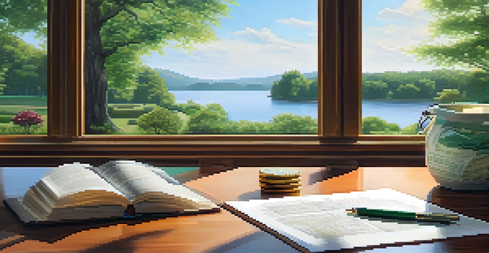 A peaceful outdoor scene with a wooden table displaying a stock market graph, a bond certificate, and a piggy bank, set against a serene lake and green trees in the background.