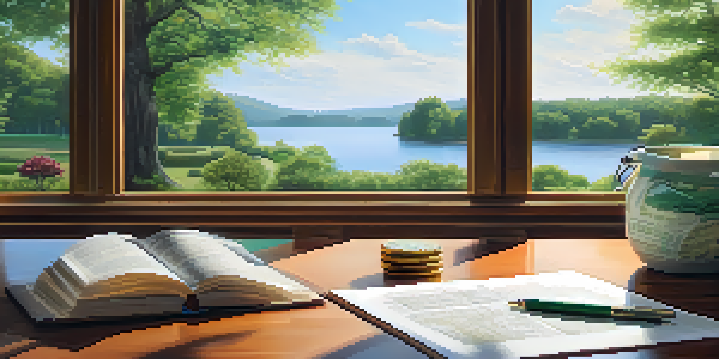 A peaceful outdoor scene with a wooden table displaying a stock market graph, a bond certificate, and a piggy bank, set against a serene lake and green trees in the background.