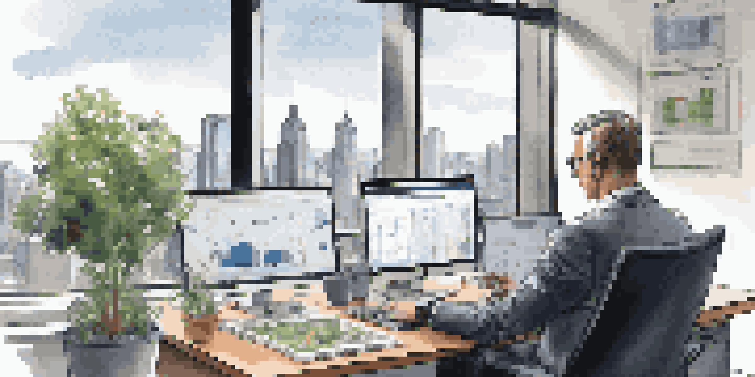 A financial advisor analyzing market trends on a laptop in a modern office with city skyline views.