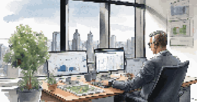 A financial advisor analyzing market trends on a laptop in a modern office with city skyline views.