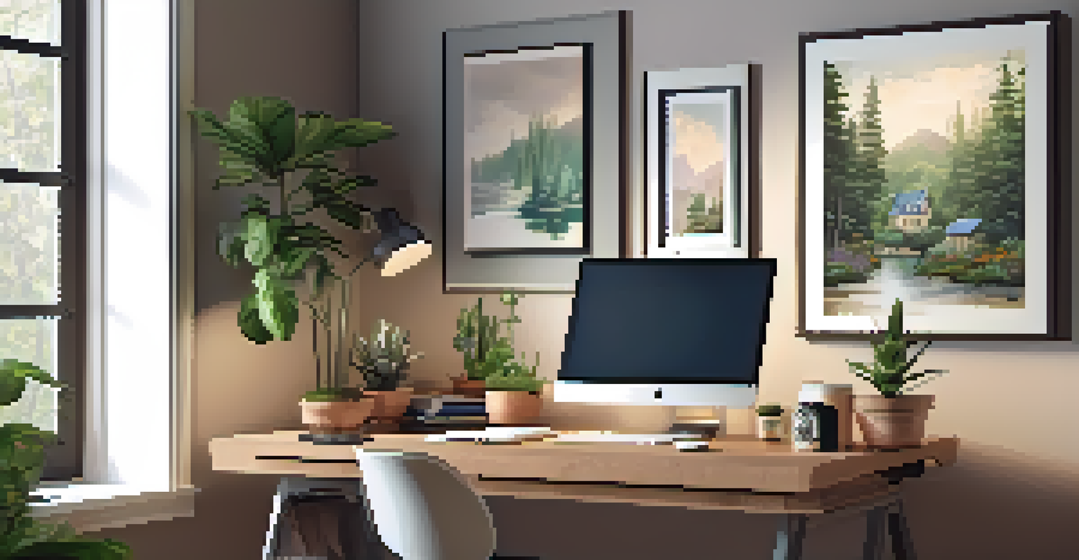 A well-lit home office with a desk, chair, laptop, and houseplants, creating a cozy workspace atmosphere.