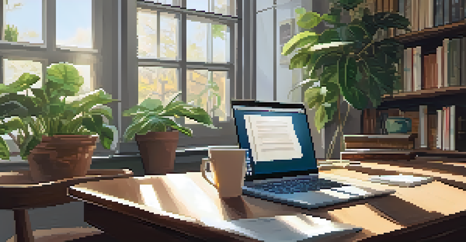 A cozy office space with a desk, laptop, coffee, and sunlight coming through a window.