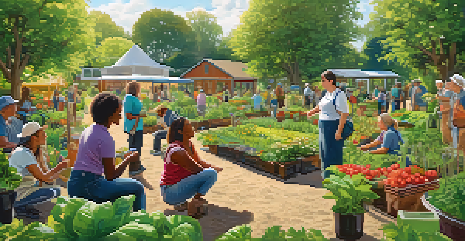 A diverse group of people in a community garden planting vegetables and discussing sustainability, surrounded by greenery and colorful flowers.