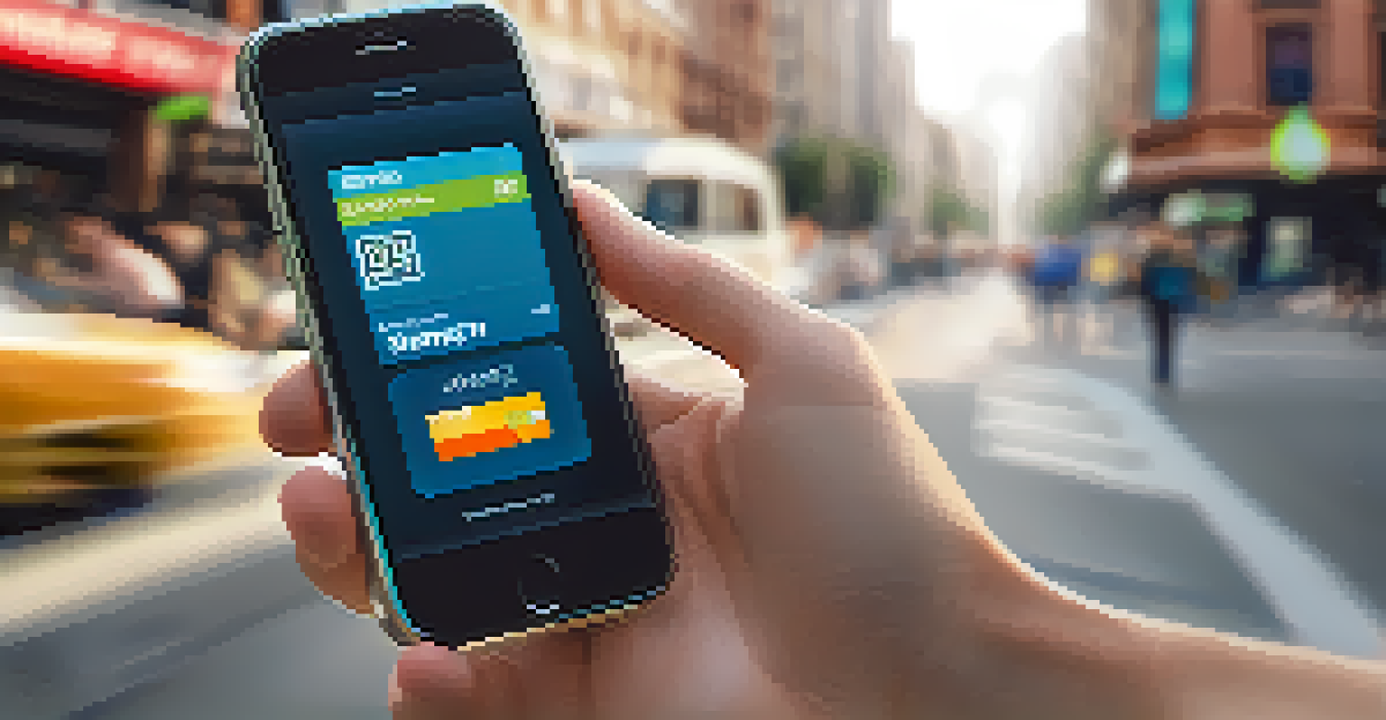 A close-up of a smartphone displaying a digital wallet interface against a backdrop of a busy city street.