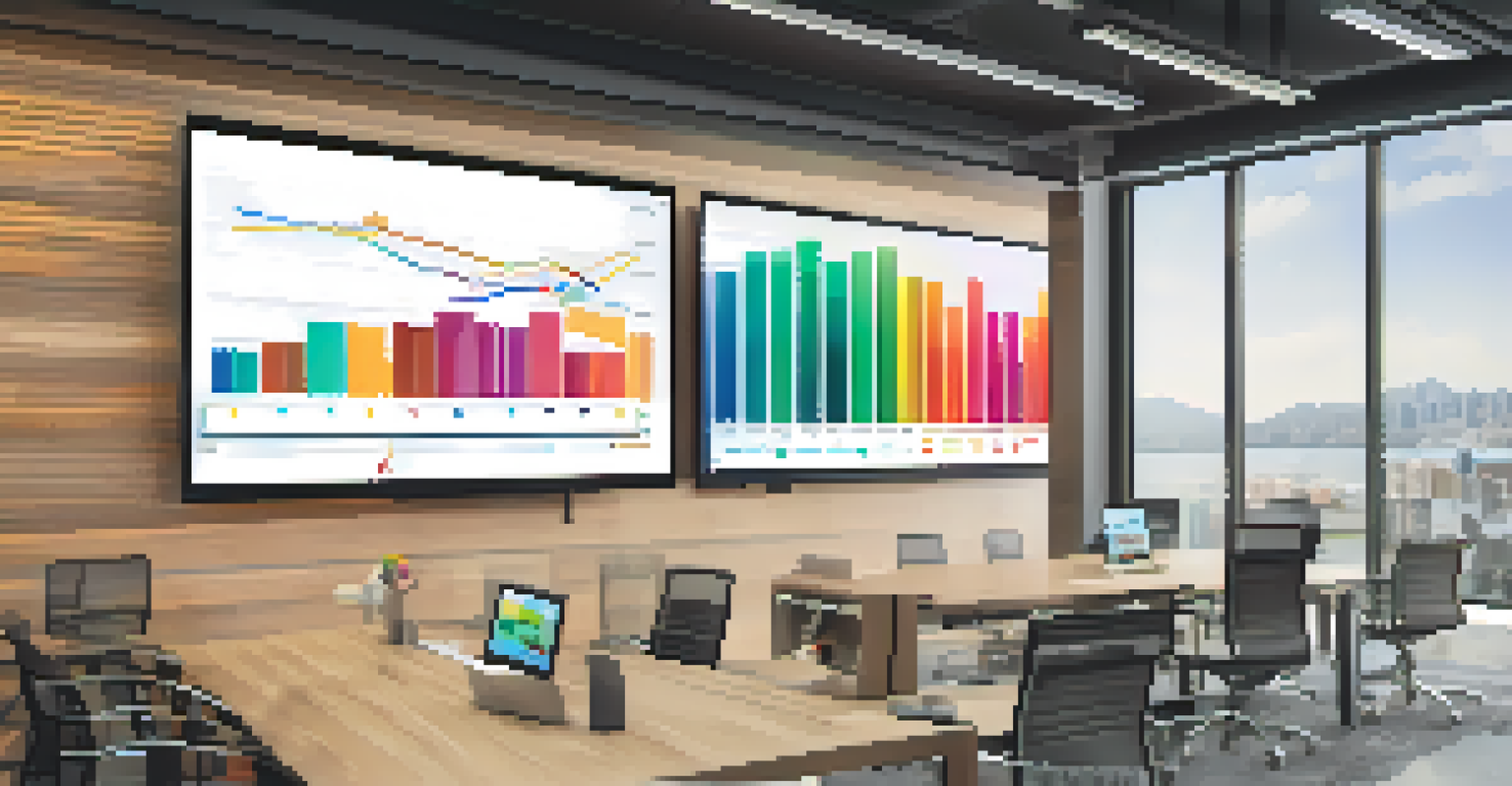 A digital screen displaying a colorful bar graph of cash inflows and outflows, with a business person pointing at it in a modern office.
