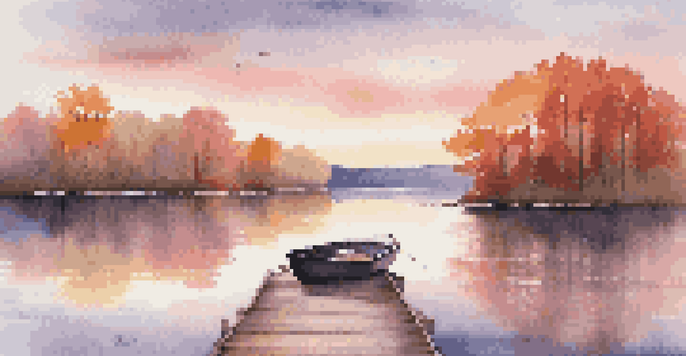 A tranquil lake surrounded by vibrant autumn trees under a sunset sky, with a wooden dock and a rowboat.