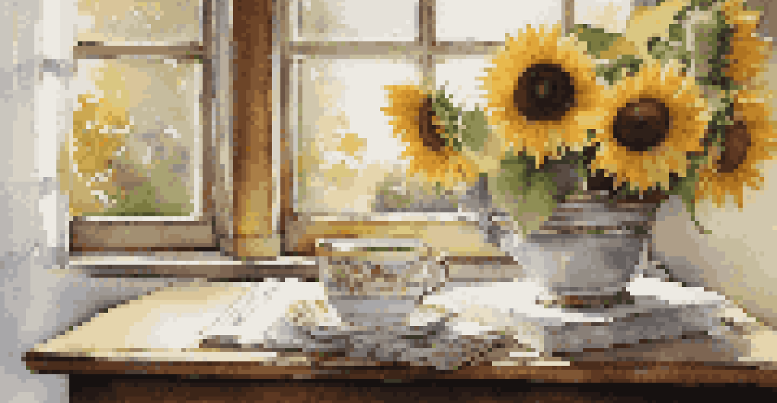 A still life with sunflowers in a vase, antique books, and a cup of tea on a lace tablecloth.