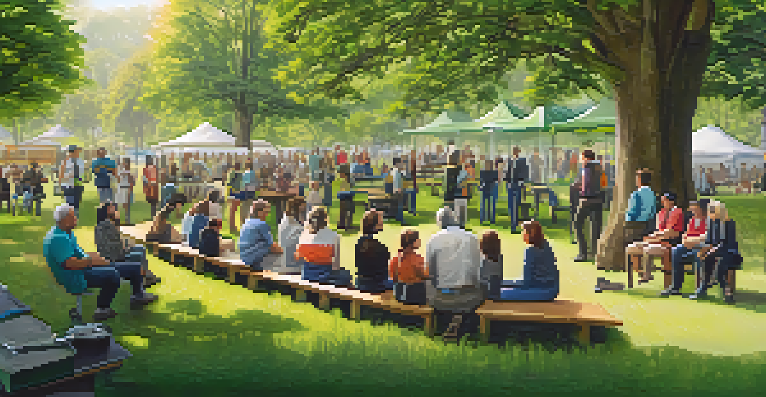 A community gathering in a park discussing a renewable energy project, with diverse individuals engaging in conversation.