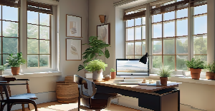A cozy home office with a desk, laptop, coffee cup, and a plant, illuminated by natural light from a large window.
