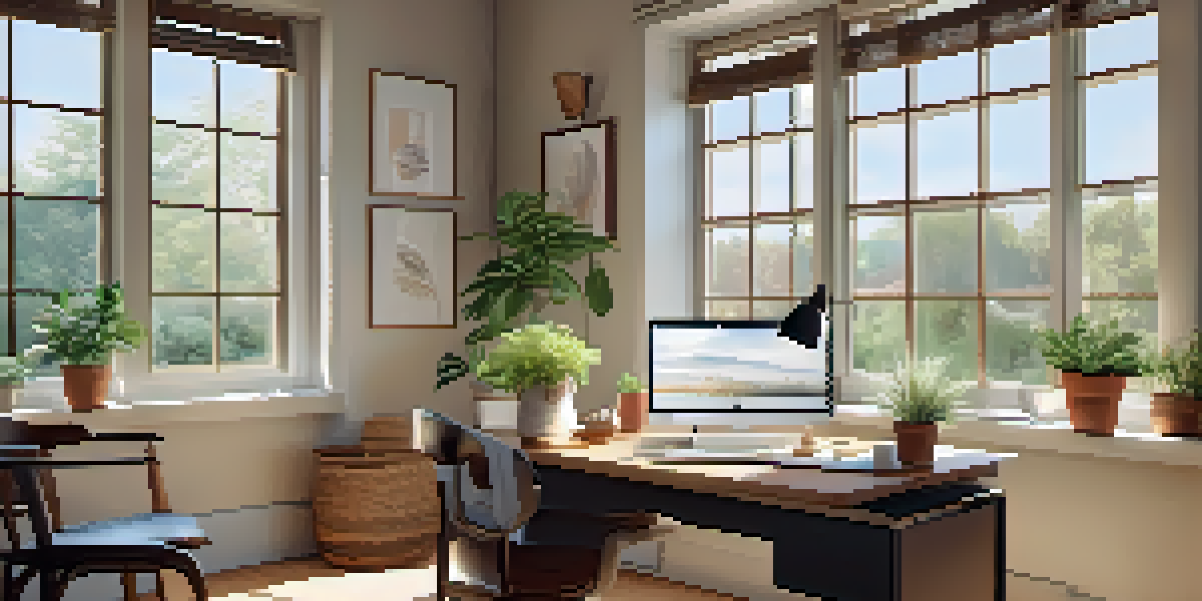 A cozy home office with a desk, laptop, coffee cup, and a plant, illuminated by natural light from a large window.