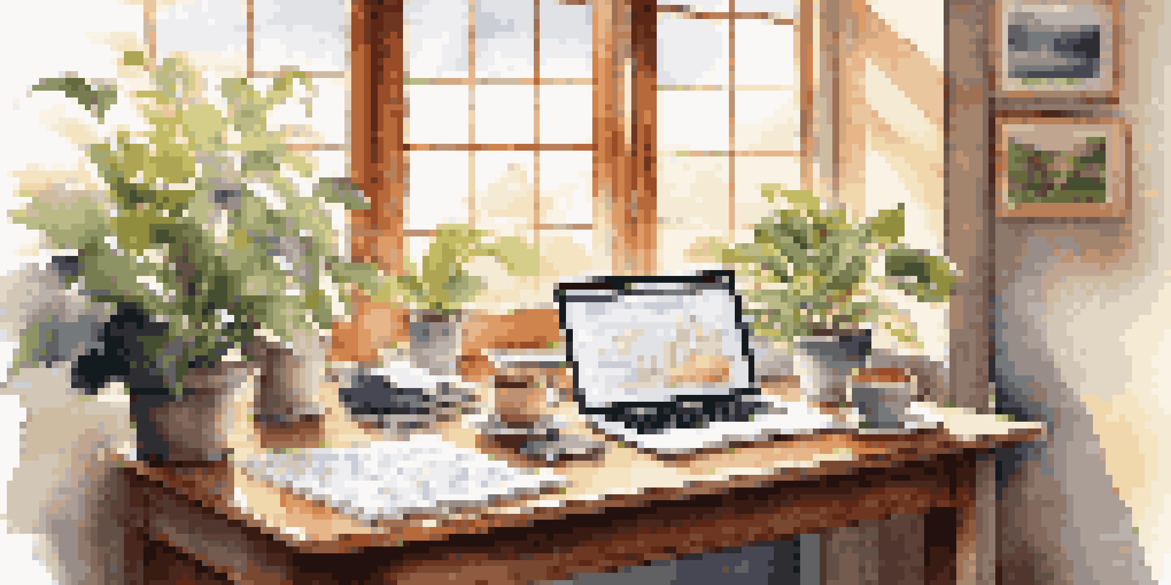 A peaceful office scene featuring a wooden desk with a laptop and retirement planning documents, bathed in natural light.