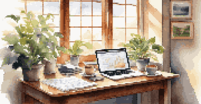 A peaceful office scene featuring a wooden desk with a laptop and retirement planning documents, bathed in natural light.