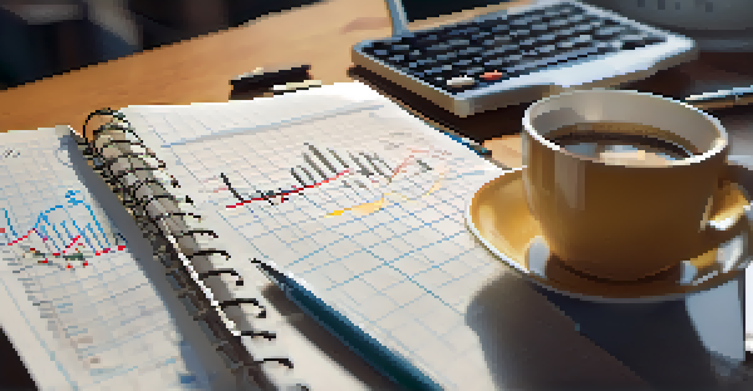 A hand writing notes on a notepad with financial charts in the background, alongside a coffee cup, conveying focus on investment analysis.