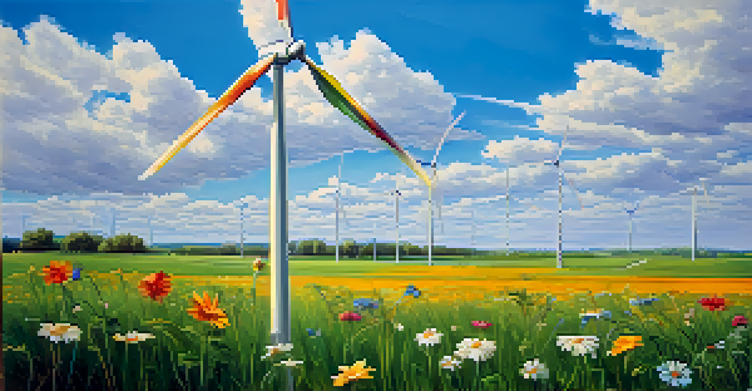 A close-up of a spinning wind turbine against a blue sky, with children playing in a field below.