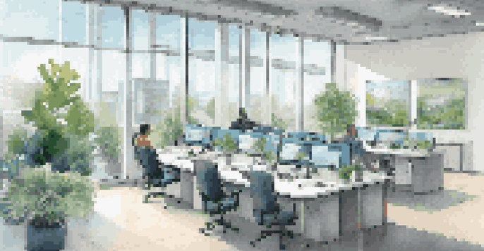 A bright and modern real estate office filled with professionals discussing property listings, surrounded by glass windows and plants.