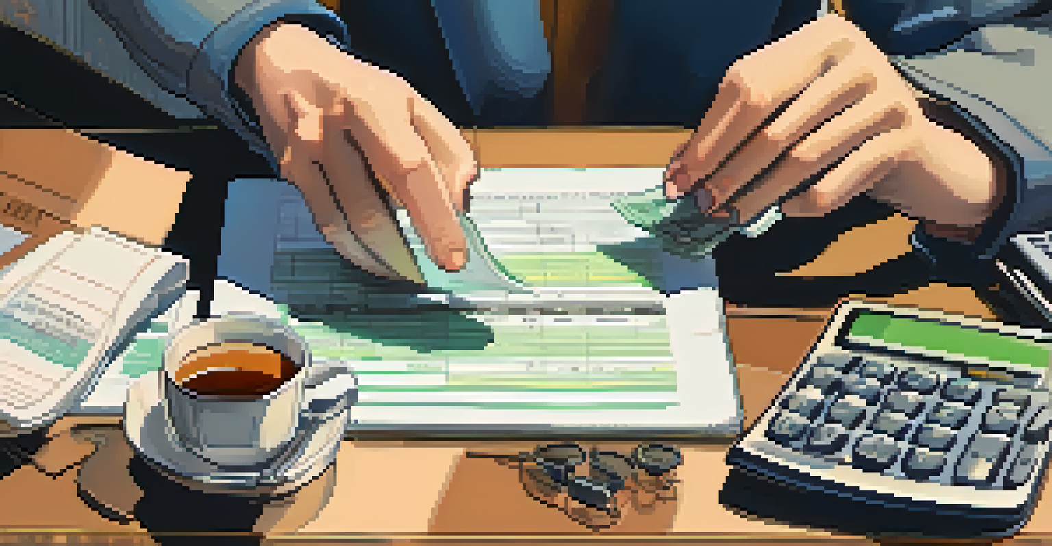 Close-up of hands typing on a laptop with financial documents and a calculator, accompanied by a steaming cup of tea and a motivational sticky note.