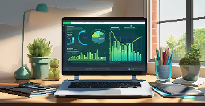 A bright digital workspace with a laptop displaying financial charts and stationery items, illuminated by natural light.