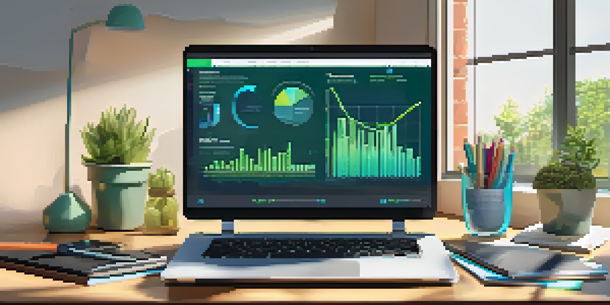 A bright digital workspace with a laptop displaying financial charts and stationery items, illuminated by natural light.