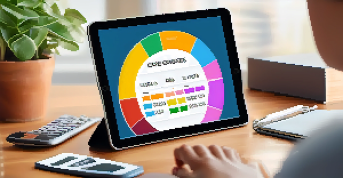 A person examining a digital tablet with a pie chart of expenses in a home office setting.