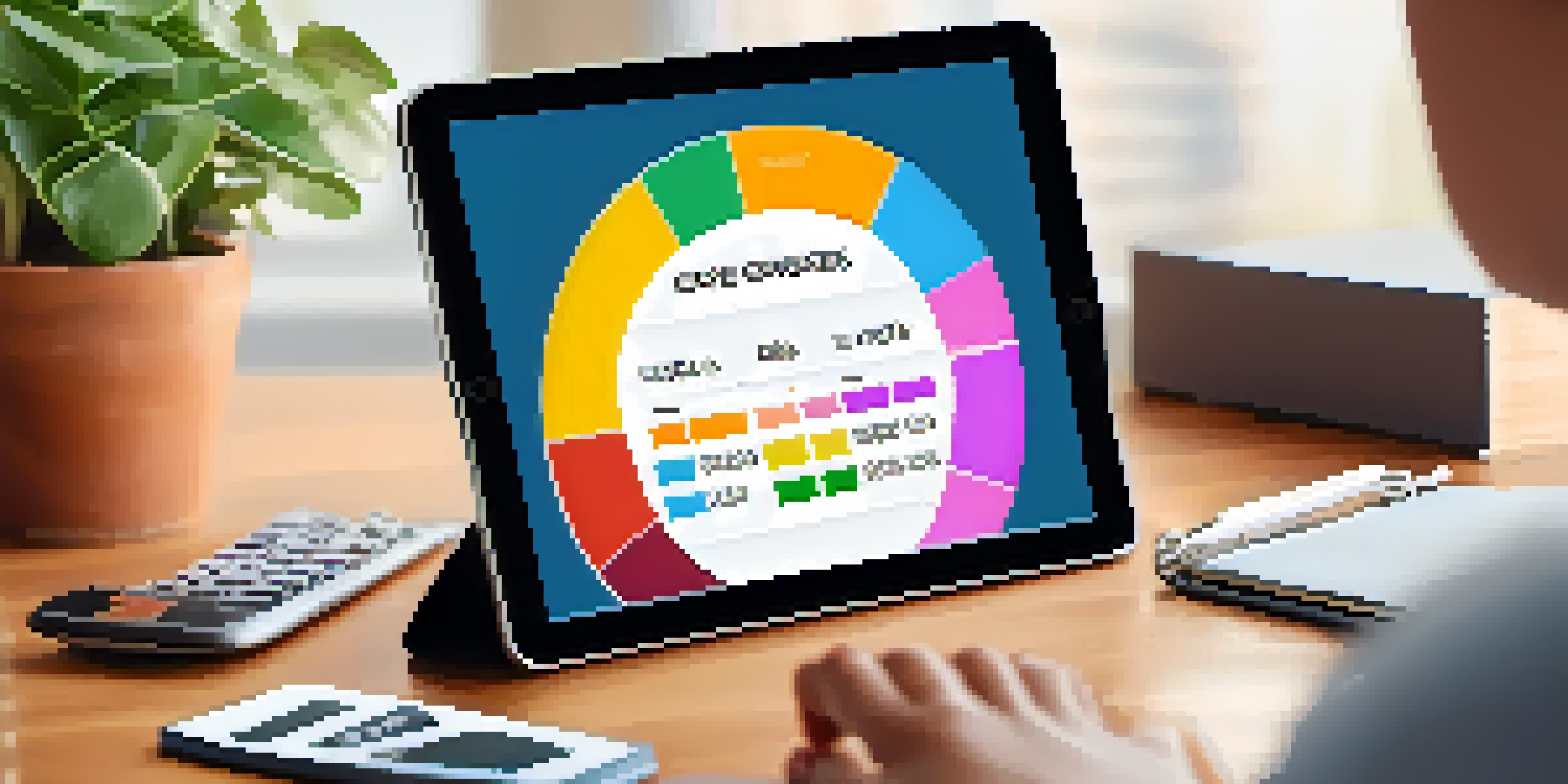 A person examining a digital tablet with a pie chart of expenses in a home office setting.