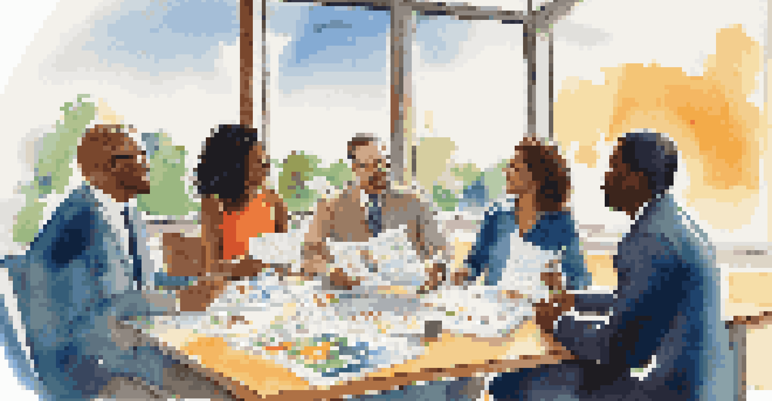 A diverse group of people discussing finances with charts and brochures on a table, set in a bright room with a sunny view.