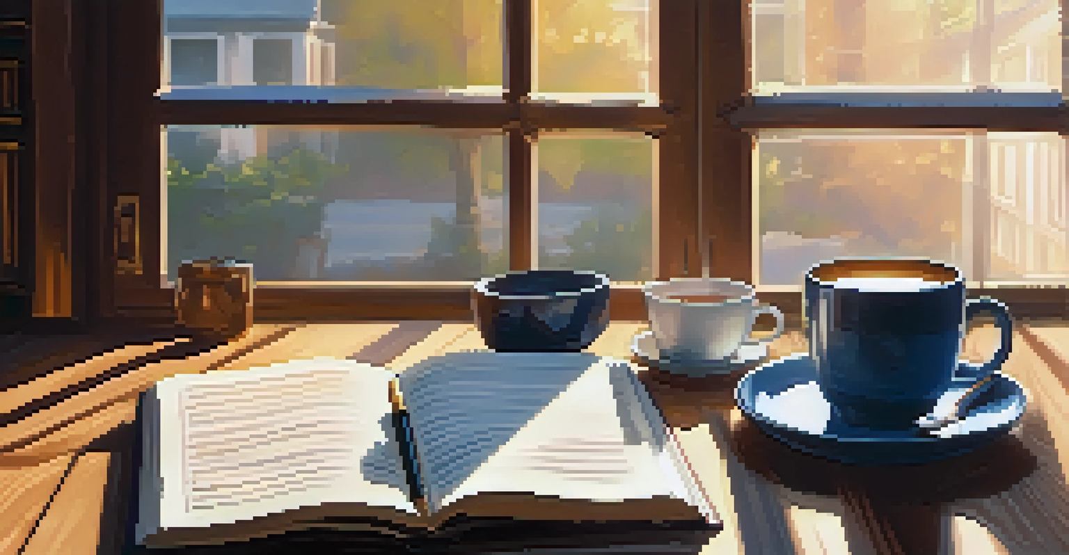 An open finance book with a laptop and notepad on a wooden table, illuminated by soft morning light.